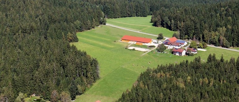 Luftbildaufnahme vom familienfreundlichen Bauernhof im Bayerischen Wald